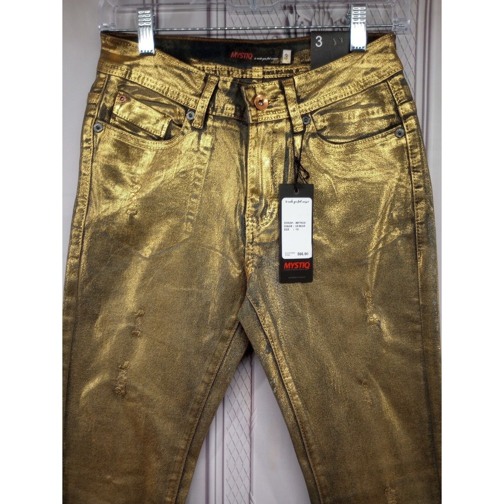 NWT MYSTIQ Womens High Waisted Jeans SZ 3 Unique Gold Spray Paint Look $66 MSRP